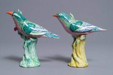A pair of Chinese famille rose models of starlings on a flower branch, Qianlong