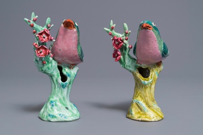 A pair of Chinese famille rose models of starlings on a flower branch, Qianlong