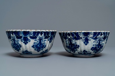 A pair of Dutch Delft blue and white ribbed bowls, 18th C.