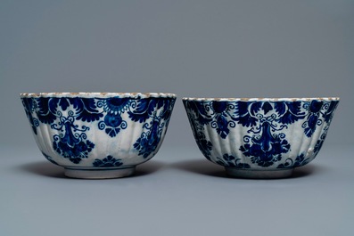 A pair of Dutch Delft blue and white ribbed bowls, 18th C.