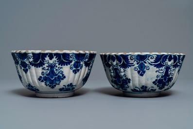 A pair of Dutch Delft blue and white ribbed bowls, 18th C.