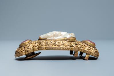 A Chinese baroque pearl and rose quartz inset gilt-bronze belt buckle, Ming