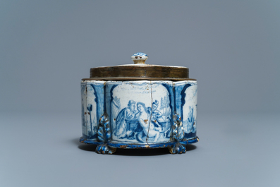 A Dutch Delft blue and white quatrefoil box and bronze-mounted cover, early 18th C.