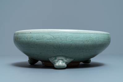 A large Chinese Longquan celadon tripod incense burner, Ming