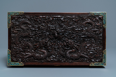 A Chinese cloisonn&eacute;-mounted carved zitan wood and gilt bronze-handled box, Qing