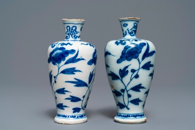 Three Dutch Delft blue and white vases and a chinoiserie jug, 17/18th C.