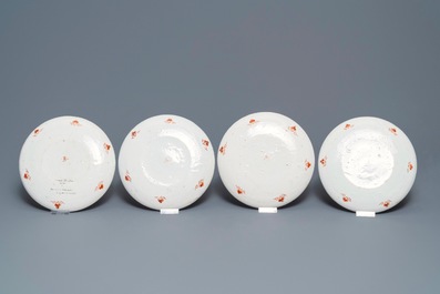 Eight polychrome Dutch Delft petit feu chinoiserie plates, 1st quarter 18th C.