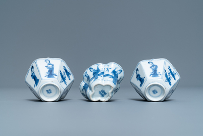 Three Chinese blue and white cups and saucers, Chenghua and hall marks, Kangxi
