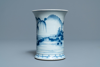 A Chinese blue and white 'landscape' brush pot, bitong, Kangxi