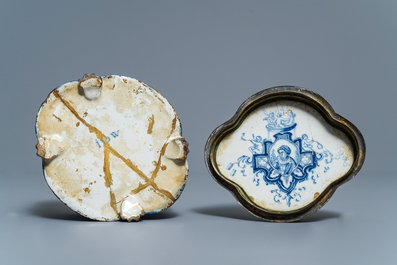 A Dutch Delft blue and white quatrefoil box and bronze-mounted cover, early 18th C.