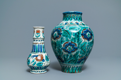 Two Dutch Delft Iznik-style vases, Porceleyne Fles, 1st half 20th C.