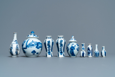 Nine small Chinese blue and white 'Long Eliza' vases, Kangxi