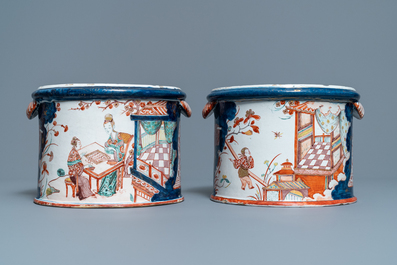 An exceptional pair of Dutch Delft petit feu chinoiserie coolers, 1st quarter 18th C.