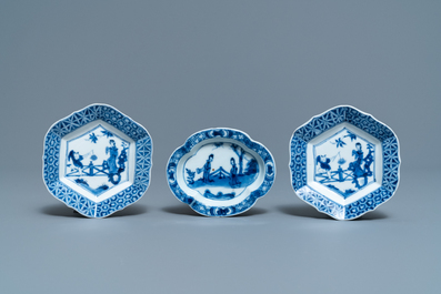 Three Chinese blue and white cups and saucers, Chenghua and hall marks, Kangxi