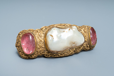 A Chinese baroque pearl and rose quartz inset gilt-bronze belt buckle, Ming