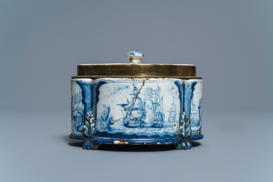 A Dutch Delft blue and white quatrefoil box and bronze-mounted cover, early 18th C.