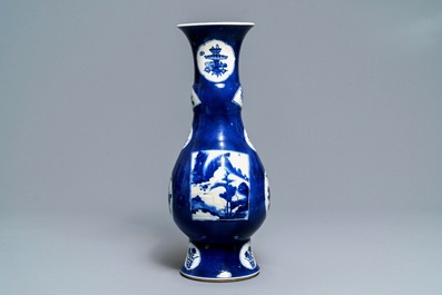 A Chinese powder blue-ground vase with landscape medallions, Kangxi