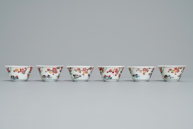 Six Chinese famille rose cups and saucers, Yongzheng