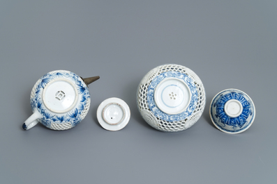 A Chinese blue and white reticulated double-walled teapot and two bowls, Transitional period