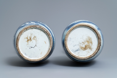 A pair of Chinese blue and white 'dragon and carp' vases, 19th C.