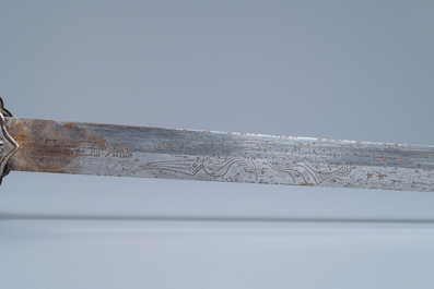 A Chinese coral-, lapis lazuli- and turquoise-inlaid silver sword, 19th C.