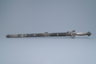 A Chinese coral-, lapis lazuli- and turquoise-inlaid silver sword, 19th C.
