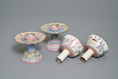 Two Chinese Canton enamel marriage bowls on stands, Yongzheng/Qianlong