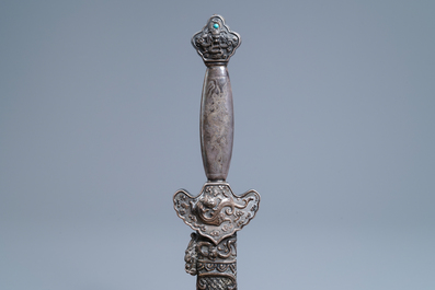 A Chinese coral-, lapis lazuli- and turquoise-inlaid silver sword, 19th C.