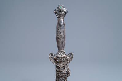 A Chinese coral-, lapis lazuli- and turquoise-inlaid silver sword, 19th C.