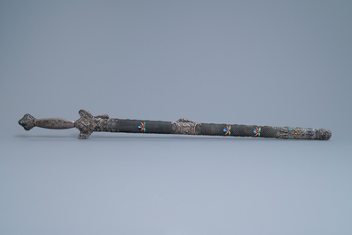 A Chinese coral-, lapis lazuli- and turquoise-inlaid silver sword, 19th C.