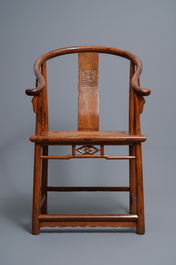 A pair of Chinese huanghuali wood chairs, Republic, 20th C.
