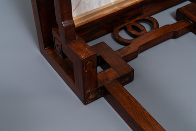 A double Chinese wooden display stand with marble tops, 19/20th C.