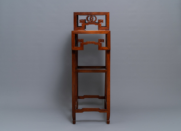 A double Chinese wooden display stand with marble tops, 19/20th C.