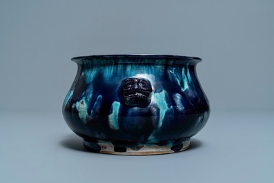 A Chinese turquoise- and purple-splashed censer, Kangxi