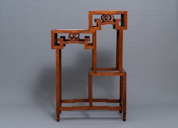 A double Chinese wooden display stand with marble tops, 19/20th C.