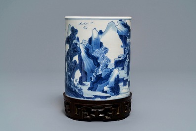 A Chinese blue and white 'carp' brush pot, bitong, Kangxi