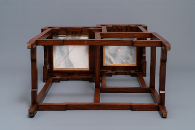 A double Chinese wooden display stand with marble tops, 19/20th C.