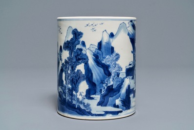 A Chinese blue and white 'carp' brush pot, bitong, Kangxi