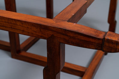 A double Chinese wooden display stand with marble tops, 19/20th C.