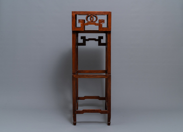 A double Chinese wooden display stand with marble tops, 19/20th C.