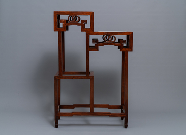 A double Chinese wooden display stand with marble tops, 19/20th C.