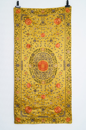 A Chinese yellow-ground silk embroidered altar cloth with floral design, 18/19th C.