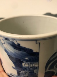 A Chinese blue and white 'carp' brush pot, bitong, Kangxi