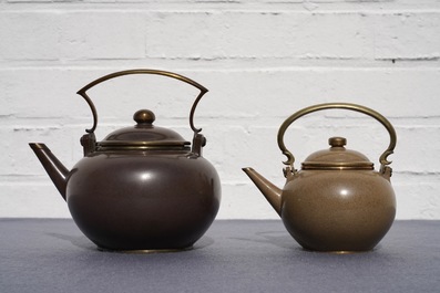Two Chinese Bencharong Thai market polished Yixing stoneware teapots, 19th C.