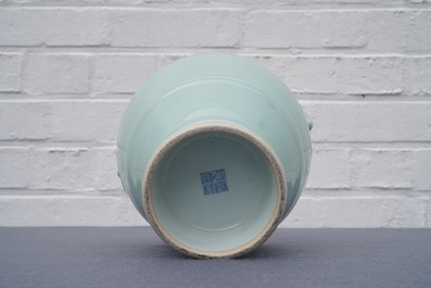 A Chinese monochrome celadon vase, 'hu', Qianlong mark, 19/20th C.