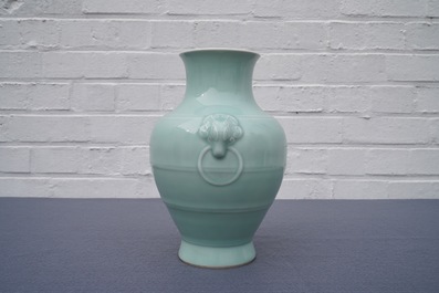 A Chinese monochrome celadon vase, 'hu', Qianlong mark, 19/20th C.