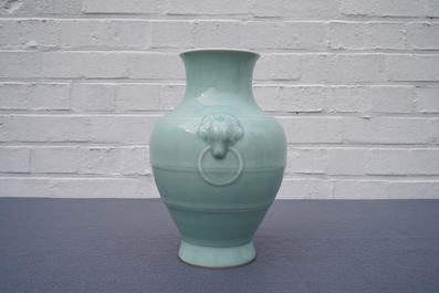 A Chinese monochrome celadon vase, 'hu', Qianlong mark, 19/20th C.