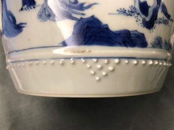 A Chinese blue and white covered bowl with ladies in a garden, Kangxi