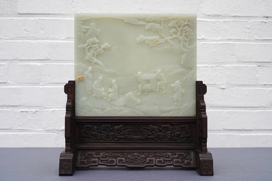 A Chinese carved pale celadon jade and hardwood table screen, 19/20th C.