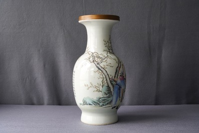 A Chinese famille rose vase with figures in a garden, Qianlong mark, Republic, 20th C.
